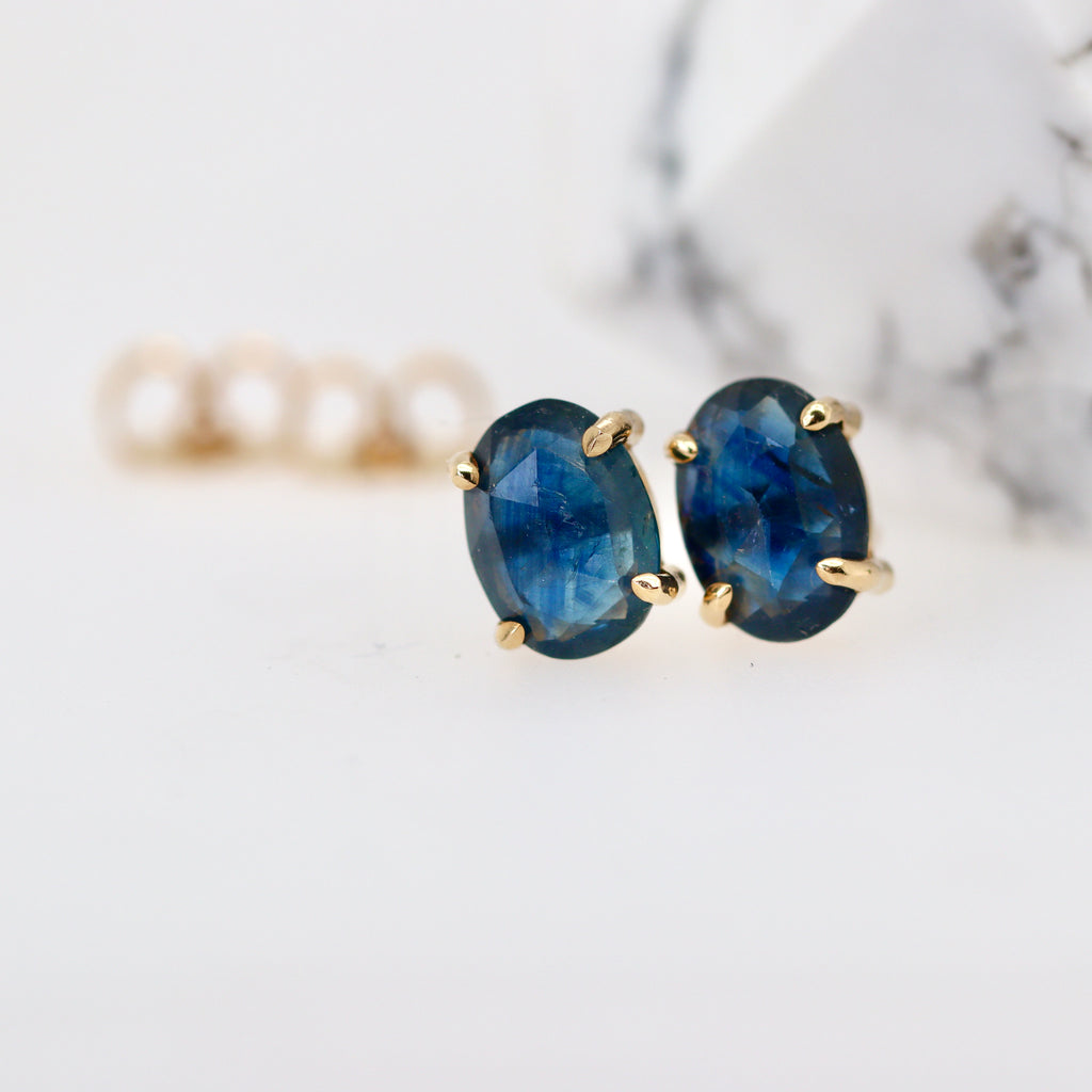 yellow gold  rose cut oval sapphire earrings parti sapphire blue