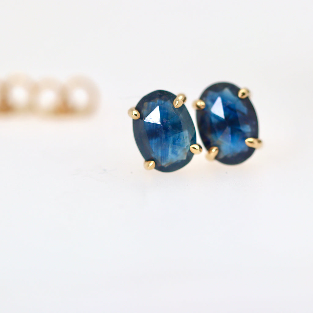 yellow gold  rose cut oval sapphire earrings parti sapphire blue